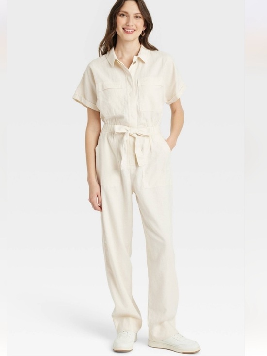 Universal Thread Pants - NWT Universal Thread Linen Jumpsuit Wide Leg Cargo Pockets Belted Cream White 0
